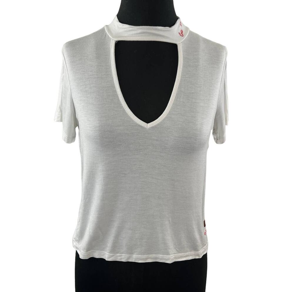 Peace Love World LOVE ME White XS Choker Cut Out Top Ribbed V-Neck Short Sleeve